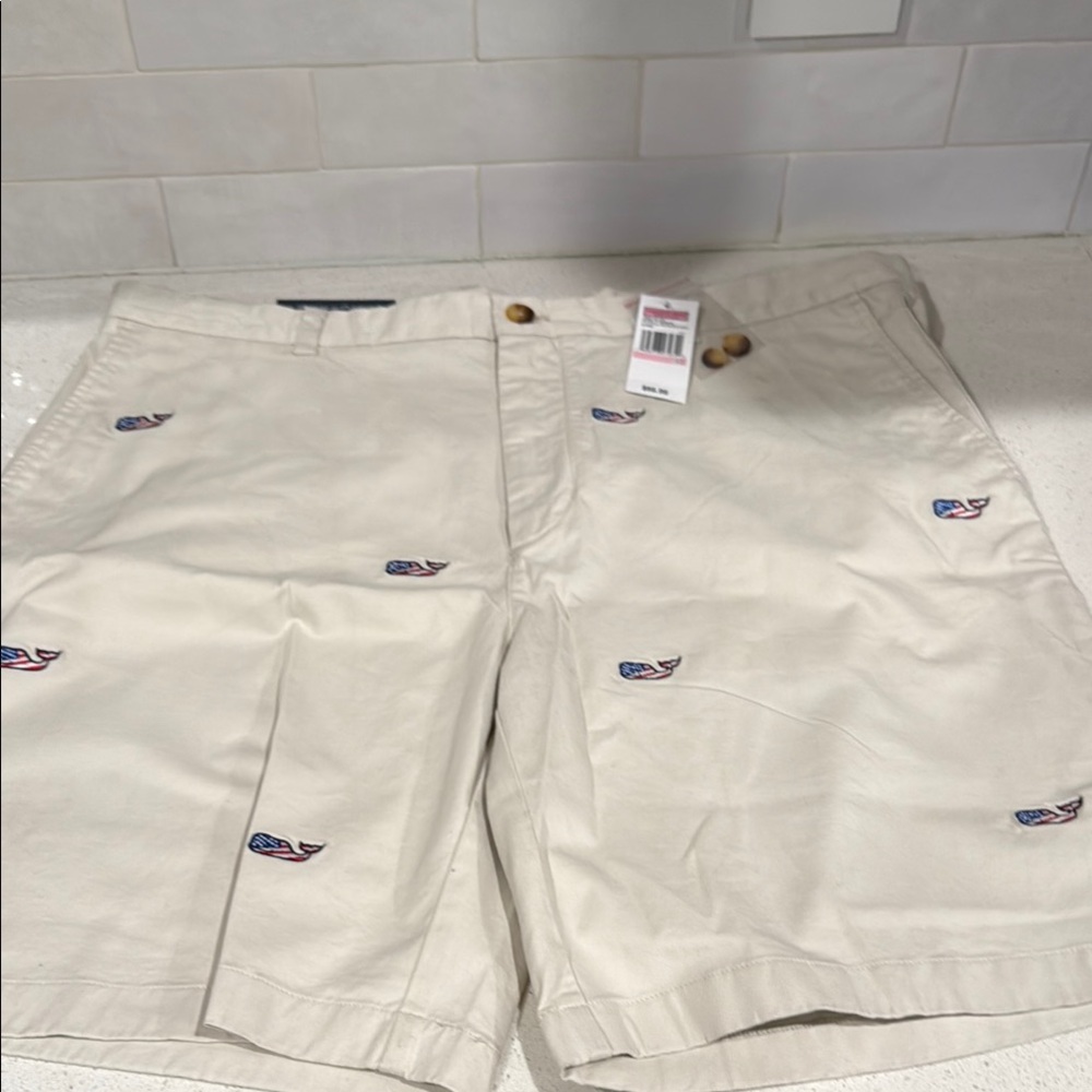 Vineyard Vines Cream Flat Front Shorts with Nautical Embroidery